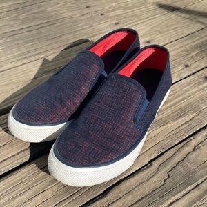 Sperry Seaside Sneaker Woman Sz 7.5 Navy Coral Slip On Shoes Boat Loafer Comfort